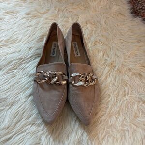 Steve Madden Tan Suede Pointed Toe Loafers with Gold Chain Detail